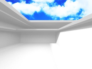 Gökyüzü manzaralı boş beyaz mimari. 3d hazırlayıcı