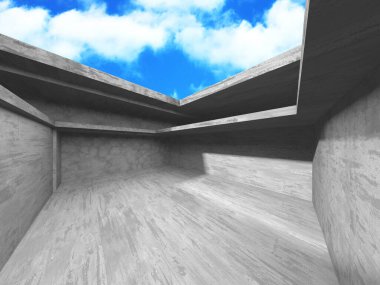 Bulutlu arka planda beton duvar inşaatı. Soyut mimari tasarım konsepti. 3d hazırlayıcı