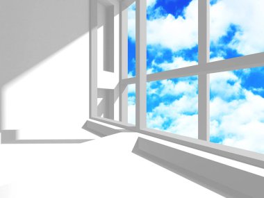 Gökyüzü manzaralı boş beyaz mimari. 3d hazırlayıcı