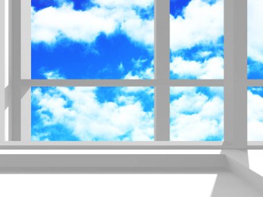 Gökyüzü manzaralı boş beyaz mimari. 3d hazırlayıcı