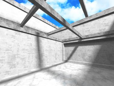 Bulutlu arka planda beton duvar inşaatı. Soyut mimari tasarım konsepti. 3d hazırlayıcı