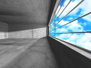 Bulutlu arka planda beton duvar inşaatı. Soyut mimari tasarım konsepti. 3d hazırlayıcı