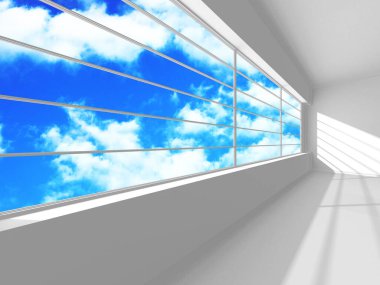 Gökyüzü manzaralı boş beyaz mimari. 3d hazırlayıcı