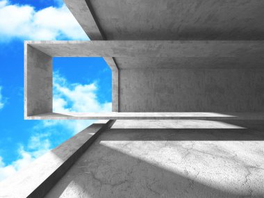 Bulutlu arka planda beton duvar inşaatı. Soyut mimari tasarım konsepti. 3d hazırlayıcı