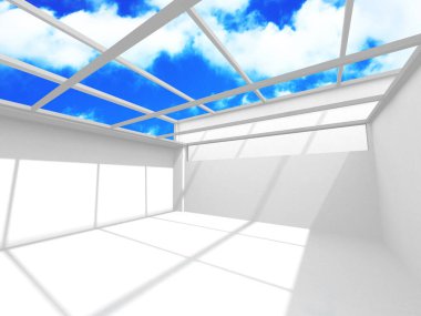 Gökyüzü manzaralı boş beyaz mimari. 3d hazırlayıcı