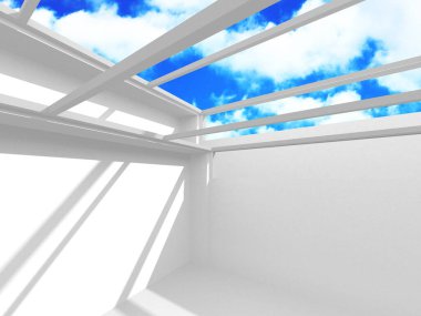 Gökyüzü manzaralı boş beyaz mimari. 3d hazırlayıcı