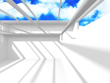 Gökyüzü manzaralı boş beyaz mimari. 3d hazırlayıcı