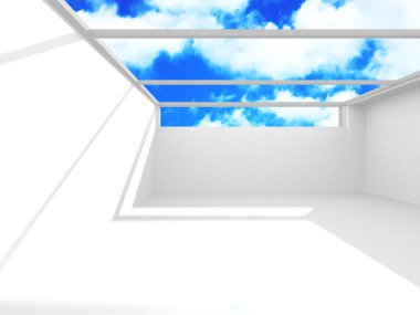 Gökyüzü manzaralı boş beyaz mimari. 3d hazırlayıcı