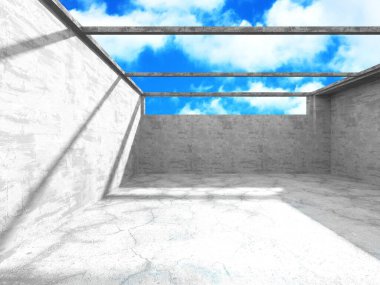 Bulutlu arka planda beton duvar inşaatı. Soyut mimari tasarım konsepti. 3d hazırlayıcı