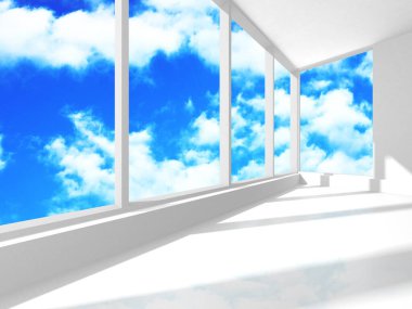 Gökyüzü manzaralı boş beyaz mimari. 3d hazırlayıcı