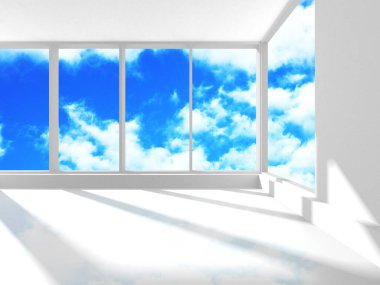 Gökyüzü manzaralı boş beyaz mimari. 3d hazırlayıcı