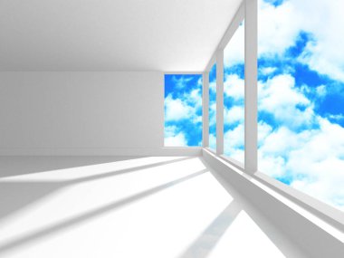 Gökyüzü manzaralı boş beyaz mimari. 3d hazırlayıcı