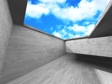 Bulutlu arka planda beton duvar inşaatı. Soyut mimari tasarım konsepti. 3d hazırlayıcı