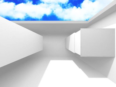 Gökyüzü manzaralı boş beyaz mimari. 3d hazırlayıcı