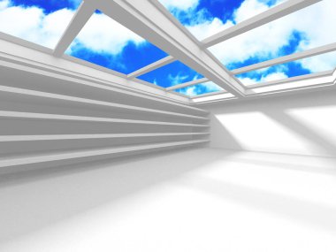 Gökyüzü manzaralı boş beyaz mimari. 3d hazırlayıcı