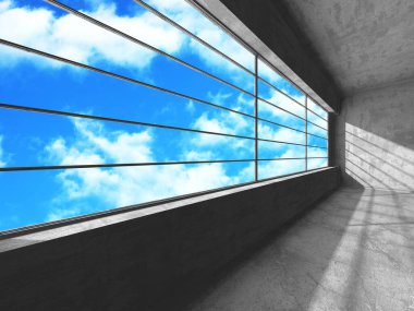 Bulutlu arka planda beton duvar inşaatı. Soyut mimari tasarım konsepti. 3d hazırlayıcı