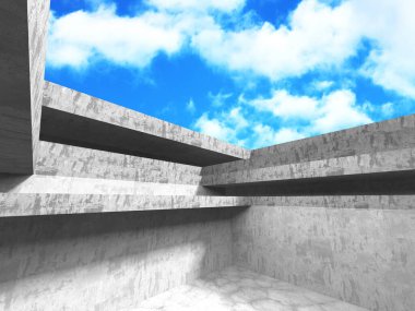 Bulutlu arka planda beton duvar inşaatı. Soyut mimari tasarım konsepti. 3d hazırlayıcı