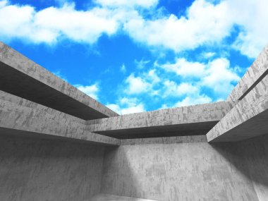 Bulutlu arka planda beton duvar inşaatı. Soyut mimari tasarım konsepti. 3d hazırlayıcı