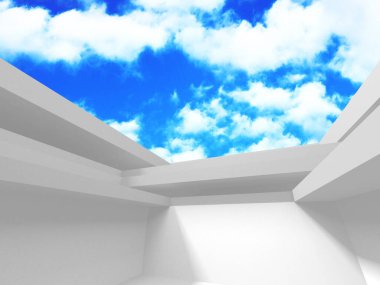 Gökyüzü manzaralı boş beyaz mimari. 3d hazırlayıcı