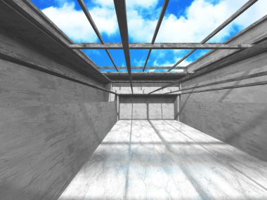 Bulutlu arka planda beton duvar inşaatı. Soyut mimari tasarım konsepti. 3d hazırlayıcı