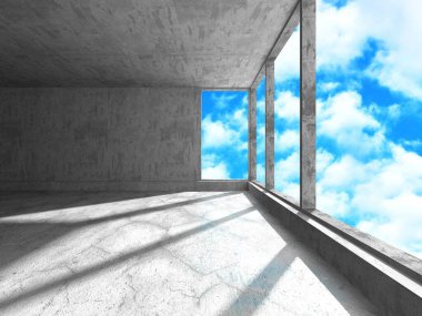 Bulutlu arka planda beton duvar inşaatı. Soyut mimari tasarım konsepti. 3d hazırlayıcı