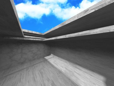 Bulutlu arka planda beton duvar inşaatı. Soyut mimari tasarım konsepti. 3d hazırlayıcı