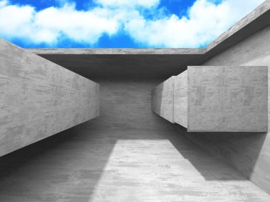 Bulutlu arka planda beton duvar inşaatı. Soyut mimari tasarım konsepti. 3d hazırlayıcı