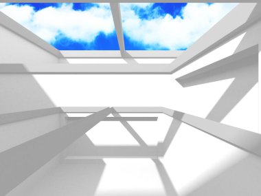 Gökyüzü manzaralı boş beyaz mimari. 3d hazırlayıcı