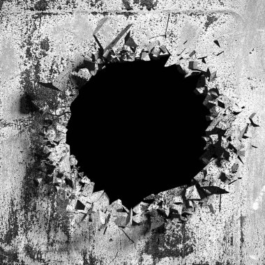 Patlama, beton duvardaki kurşun deliği tahribatı. Duvarda çatlak bir delik var. Grunge 'un geçmişi. 3d resimleme