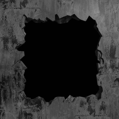 Patlama, beton duvardaki kurşun deliği tahribatı. Duvarda çatlak bir delik var. Grunge 'un geçmişi. 3d resimleme