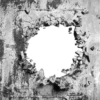 Patlama, beton duvardaki kurşun deliği tahribatı. Duvarda çatlak bir delik var. Grunge 'un geçmişi. 3d resimleme