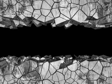 Patlama, beton duvardaki kurşun deliği tahribatı. Duvarda çatlak bir delik var. Grunge 'un geçmişi. 3d resimleme