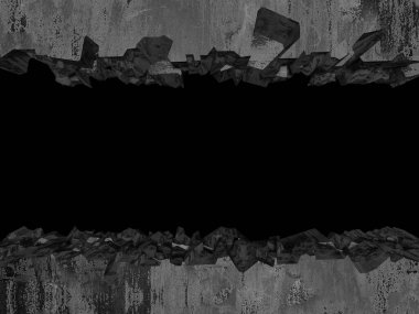 Patlama, beton duvardaki kurşun deliği tahribatı. Duvarda çatlak bir delik var. Grunge 'un geçmişi. 3d resimleme