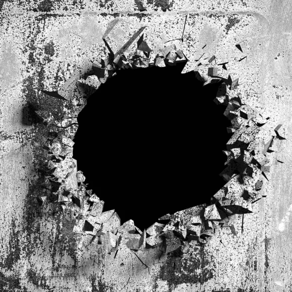 Explosion broken concrete wall bullet hole destruction. Dark cracked hole in wall. Grunge background. 3d render illustration