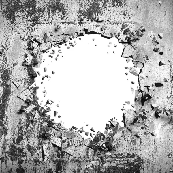 Patlama, beton duvardaki kurşun deliği tahribatı. Duvarda çatlak bir delik var. Grunge 'un geçmişi. 3d resimleme