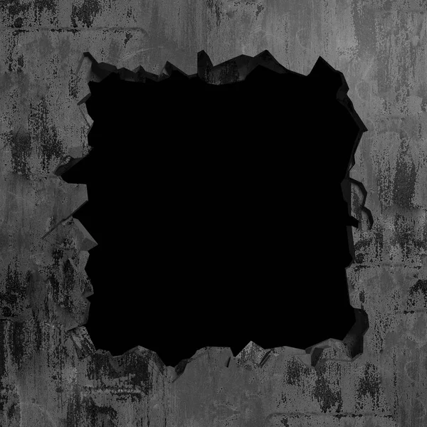 Patlama, beton duvardaki kurşun deliği tahribatı. Duvarda çatlak bir delik var. Grunge 'un geçmişi. 3d resimleme