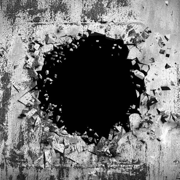 Explosion Trasig Betong Vägg Kulhål Förstörelse Mörkt Spräckt Hål Väggen — Stockfoto