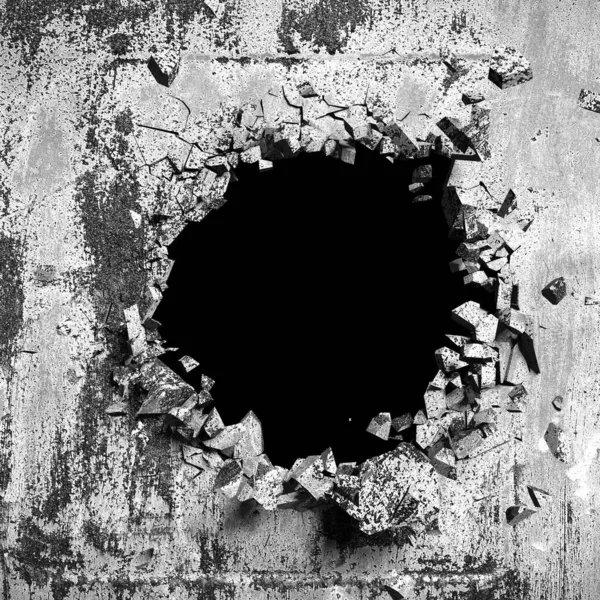Καταστροφή Σπασμένου Τσιμεντένιου Τοίχου Από Σφαίρα Μαύρη Ραγισμένη Τρύπα Στον — Φωτογραφία Αρχείου