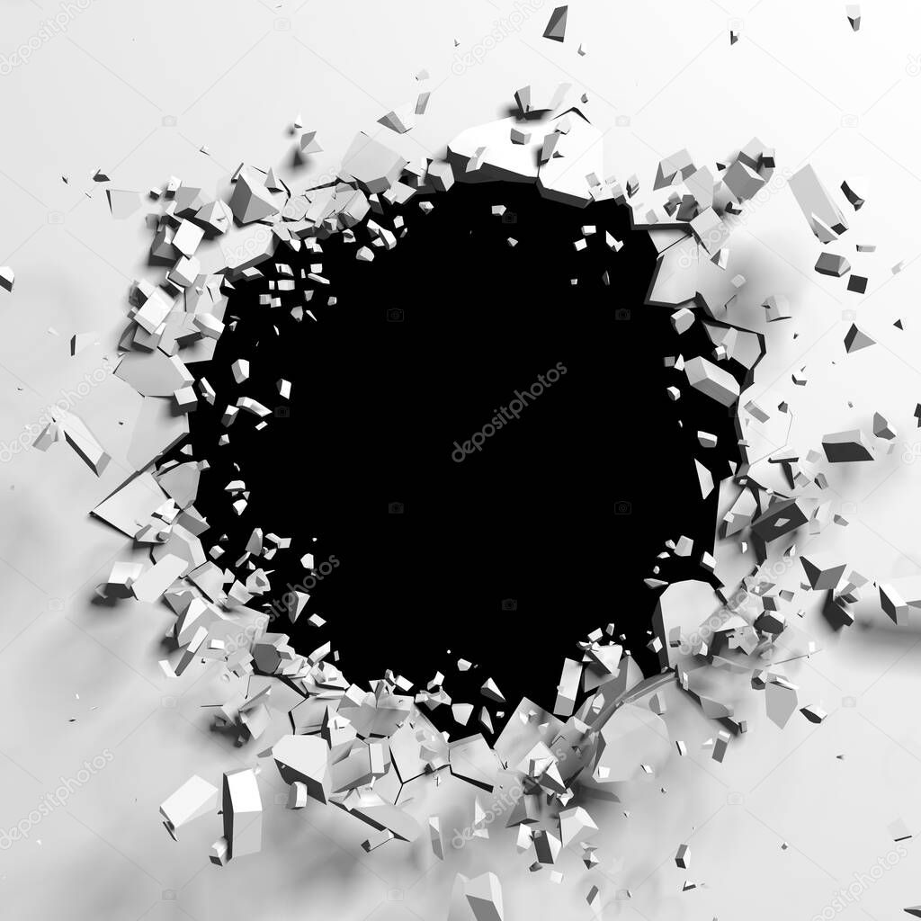 Exploding wall with free area on center. Dark destruction cracked hole in white stone wall. 3d render illustration