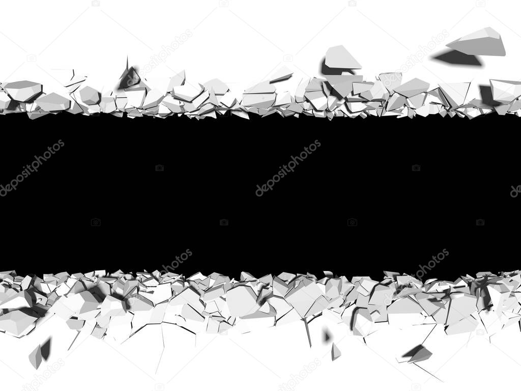 Exploding wall with free area on center. Dark destruction cracked hole in white stone wall. 3d render illustration