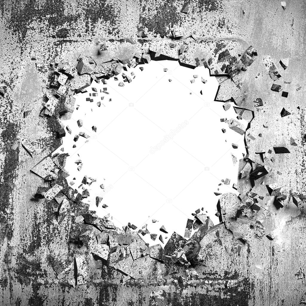 Explosion broken concrete wall bullet hole destruction. Dark cracked hole in wall. Grunge background. 3d render illustration