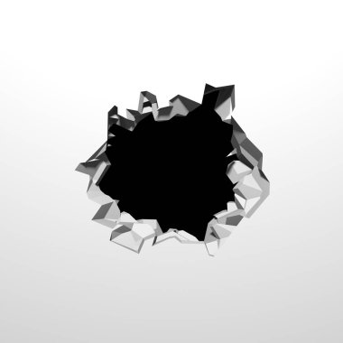 Ortasında bir delik olan kırık bir beyaz duvar. Çatlak yüzey. 3d resimleme