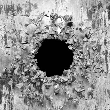 Patlama, beton duvardaki kurşun deliği tahribatı. Duvarda çatlak bir delik var. Grunge 'un geçmişi. 3d resimleme