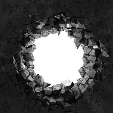 Patlama, beton duvardaki kurşun deliği tahribatı. Duvarda çatlak bir delik var. Grunge 'un geçmişi. 3d resimleme