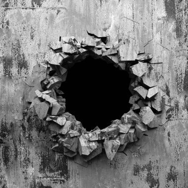 Patlama, beton duvardaki kurşun deliği tahribatı. Duvarda çatlak bir delik var. Grunge 'un geçmişi. 3d resimleme