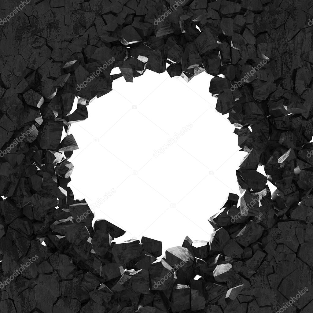 Cracked broken hole in concrete wall. Grunge background. 3d render illustration