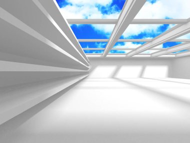 Gökyüzü manzaralı boş beyaz mimari. 3d hazırlayıcı