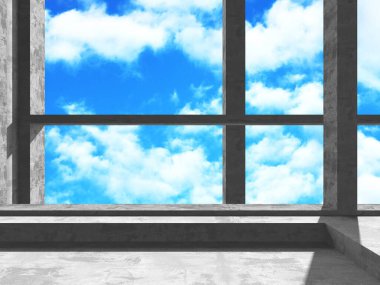 Bulutlu arka planda beton duvar inşaatı. Soyut mimari tasarım konsepti. 3d hazırlayıcı