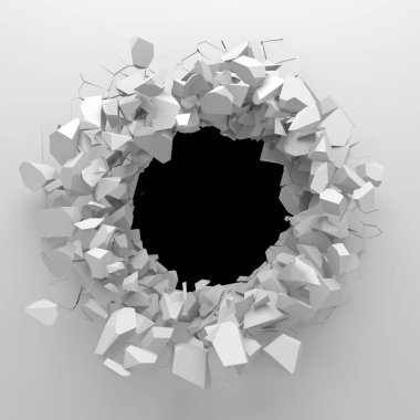 Ortasında bir delik olan kırık bir beyaz duvar. Çatlak yüzey. 3d resimleme