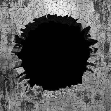 Patlama, beton duvardaki kurşun deliği tahribatı. Duvarda çatlak bir delik var. Grunge 'un geçmişi. 3d resimleme